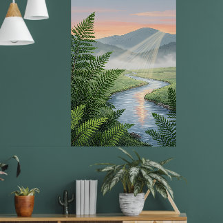 Serene River Valley Landscape Art Poster | Sunset