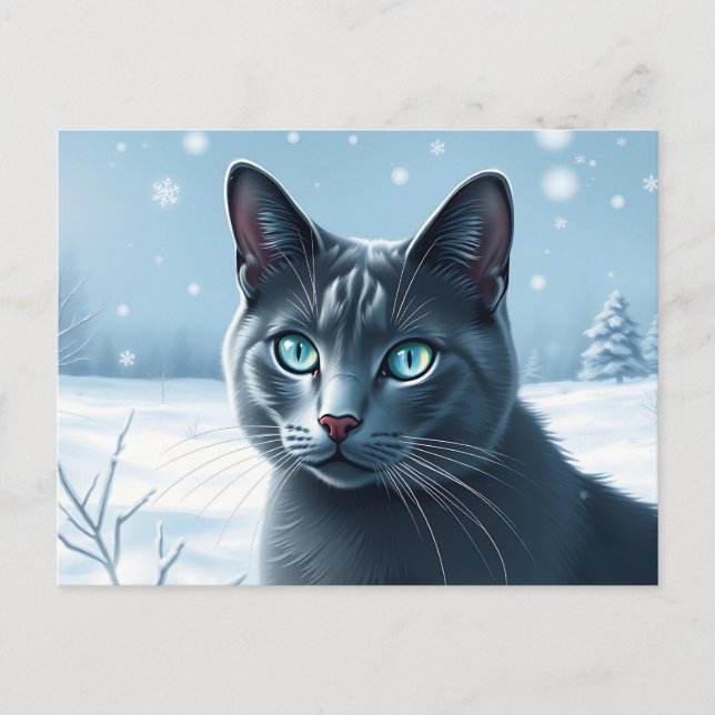 Serene Russian Blue Cat in a Tranquil Snowy Winter Postcard (Front)