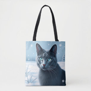 Serene Russian Blue Cat in a Tranquil Snowy Winter Tote Bag