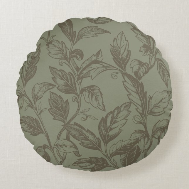 Serene Sage Green | Bold Botanical Statement Leafy Round Cushion (Front)