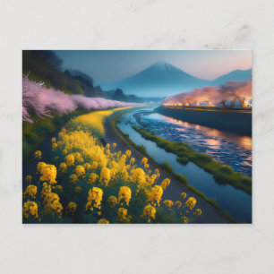Serene Sakura and Blossoms with Majestic Mountain Postcard