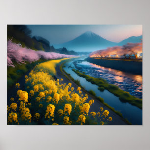 Serene Sakura and Blossoms with Majestic Mountain  Poster