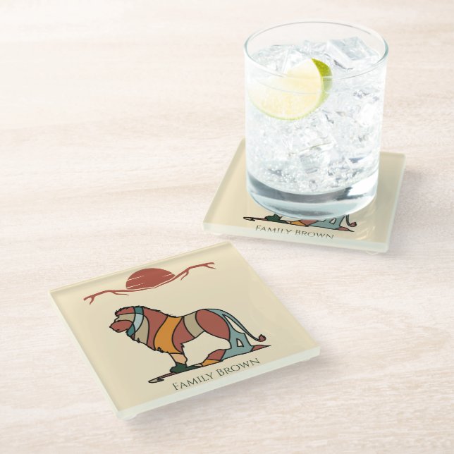 Serene Savanna Kind Lion Abstract  Family Name Glass Coaster (Angled)