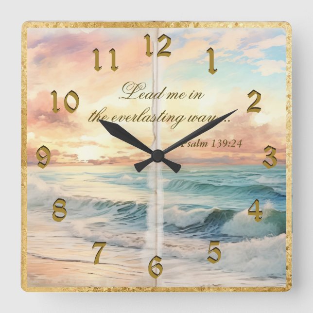 Serene Scene Psalms Ocean Sunset Square Wall Clock (Front)
