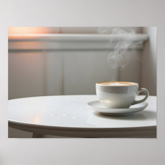 Serene Scene: White Table with a Steaming Cup  Poster