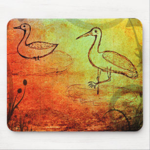 Serene Scrolls: Rain-Drenched Duck & Crane Mouse Pad