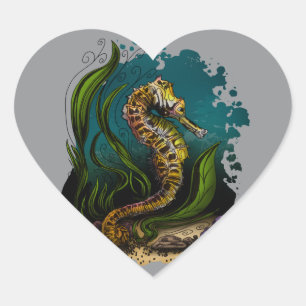 Serene Seahorse Underwater Gray Neutral Background Heart Sticker