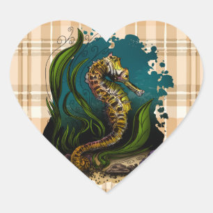 Serene Seahorse Underwater Plaid Heart Sticker