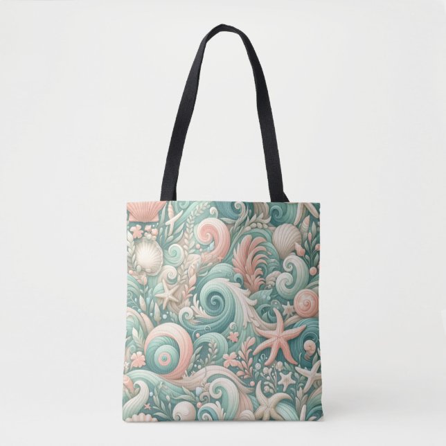 Serene Seashore Swirls: Pastel Ocean Whispers Tote Bag (Front)