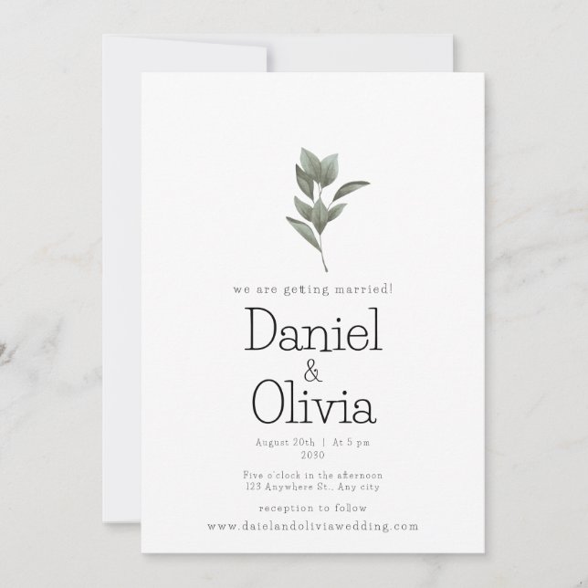 Serene Simplicity: White and Green Floral Wedding  Invitation (Front)