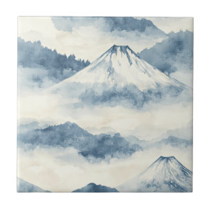Serene Snow-Capped Mountains - Blue & White Ceramic Tile