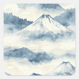 Serene Snow-Capped Mountains - Blue & White Square Sticker
