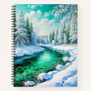 Serene Snowy Riverbank with Evergreen Trees Notebook