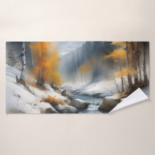 Serene snowy winter river landscape painting bath towel set