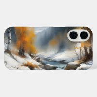 Serene snowy winter river landscape painting