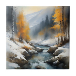 Serene snowy winter river landscape painting ceramic tile