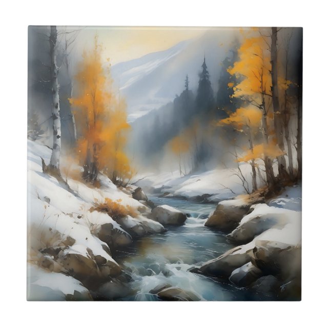 Serene snowy winter river landscape painting ceramic tile (Front)
