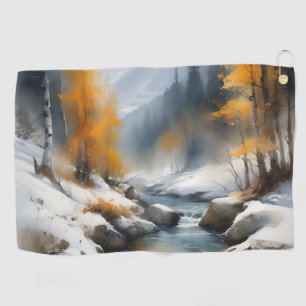 Serene snowy winter river landscape painting golf towel