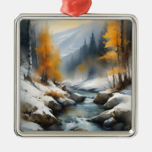 Serene snowy winter river landscape painting metal ornament