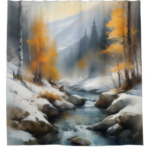 Serene snowy winter river landscape painting shower curtain
