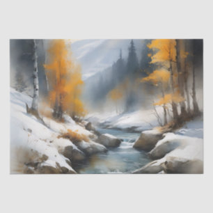 Serene snowy winter river landscape painting tissue paper