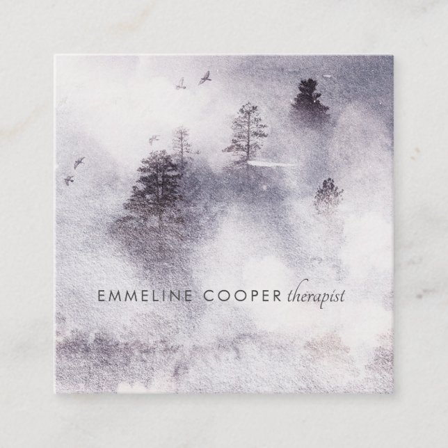 Serene Soft Watercolor Trees Blue Business Card (Front)