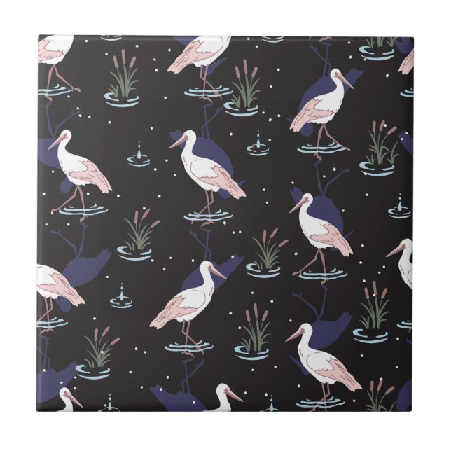 Serene Stork Pond Pattern - Elegant Reflections Ceramic Tile (Front)