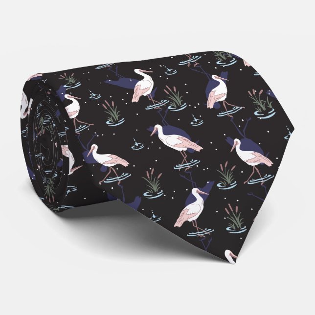 Serene Stork Pond Pattern - Elegant Reflections Tie (Rolled)
