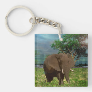 "Serene Strength: The Bull Elephant Grazing" Key Ring