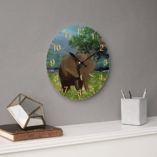 "Serene Strength: The Bull Elephant Grazing"  Large Clock