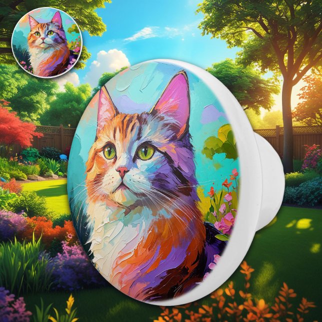 Serene Summer Cat Oil Painting Ceramic Knob (Creator Uploaded)