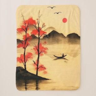 “Serene Sunrise Over Misty Waters” Sherpa Blanket