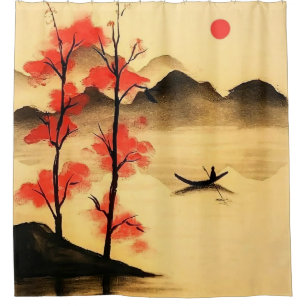 “Serene Sunrise Over Misty Waters” Shower Curtain