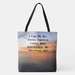 SERENE SUNRISE PHILIPPIANS 4:13 PHOTO SCRIPTURE TOTE BAG