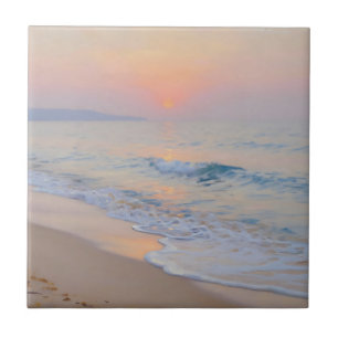 Serene Sunset Beach Ocean Glow Ceramic Tile