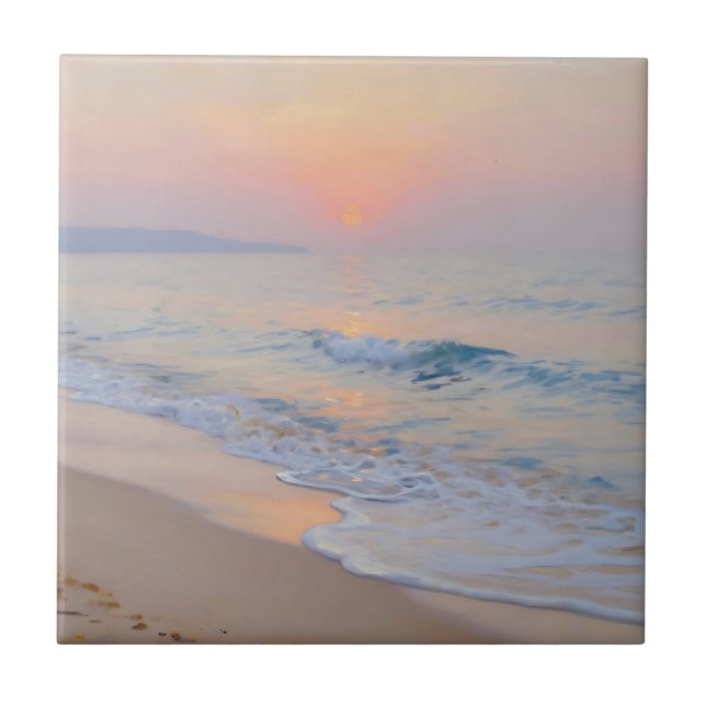 Serene Sunset Beach Ocean Glow Ceramic Tile (Front)