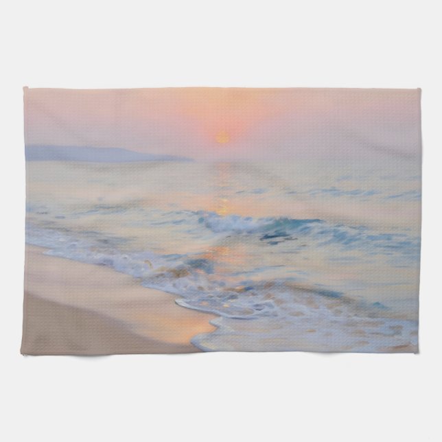Serene Sunset Beach Ocean Glow Tea Towel (Horizontal)