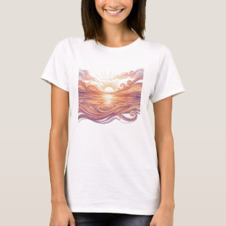 Serene Sunset Ocean Waves Abstract Line Art T-Shirt