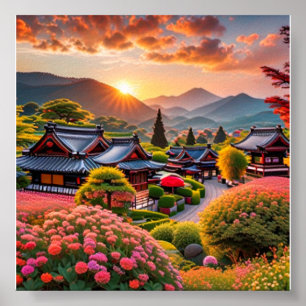 Serene Sunset Over Japanese Garden, Landscape Poster