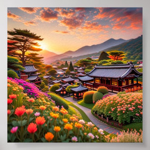 Serene Sunset Over Japanese Garden, Landscape Poster