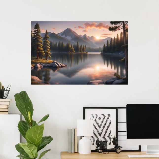 Serene Sunset Over Mountain Lake Poster (Home Office)