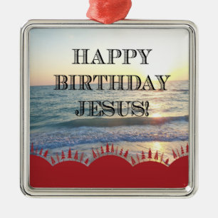 Serene Sunset Over Ocean Happy Birthday Jesus Metal Ornament