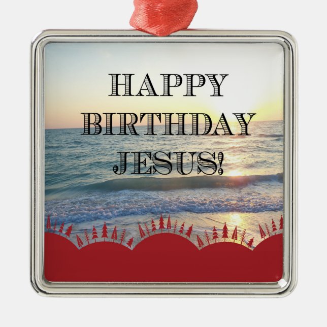 Serene Sunset Over Ocean Happy Birthday Jesus Metal Ornament (Front)