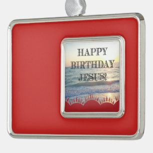 Serene Sunset Over Ocean Happy Birthday Jesus Silver Plated Framed Ornament