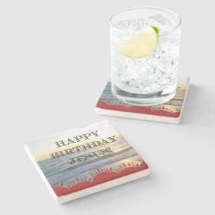 Serene Sunset Over Ocean Happy Birthday Jesus Stone Coaster