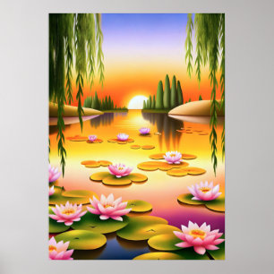 Serene Sunset Over Tranquil Water Lilies Poster