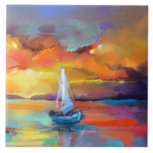 Serene Sunset Sailboat Art Ceramic Tile