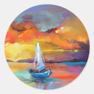 Serene Sunset Sailboat Art Classic Round Sticker