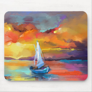 Serene Sunset Sailboat Art Mouse Pad