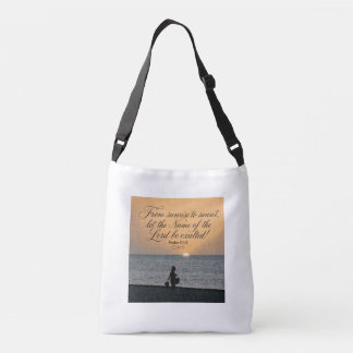 Serene sunset shoulder bag featuring Psalm 113:3